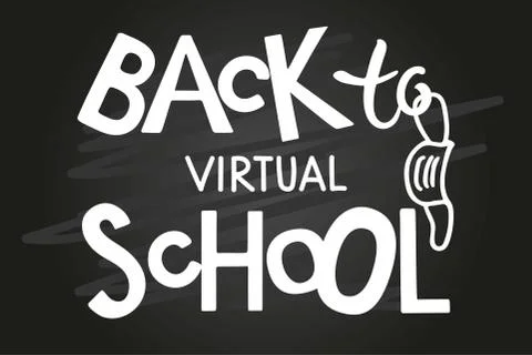 Back to virtual school lettering with face mask element. Hand written words Stock Illustration