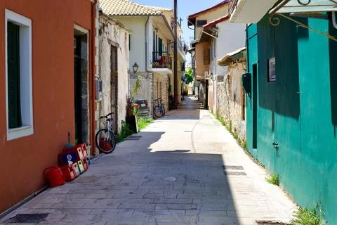 Back walk way through Lafkada Harbour Stock Photos
