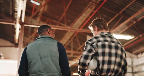 Back, walking and men in workshop for carpentry, timber production and Stock Footage 341308872