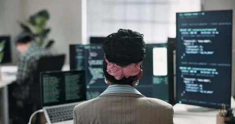Back, woman and screen of computer for programming, coding and update firewall Stock Footage 346768334
