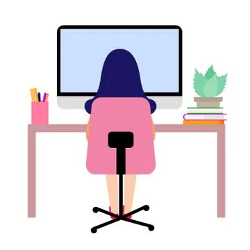 The back of a woman sitting at the table. Work at home concept design. Stock Illustration