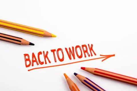 BACK TO WORK. End of Lockdown concept. Red directional arrow and colored pencils Stock-Fotos