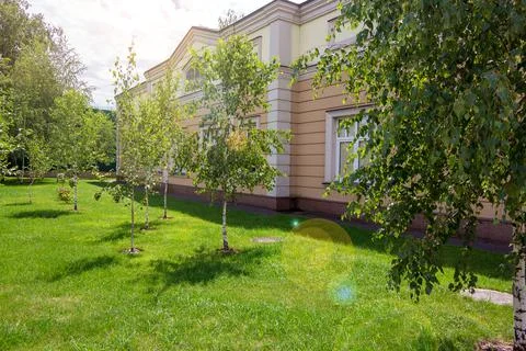 Back yard of a building with a rustication and a green lawn. Fotos de archivo