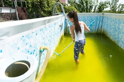 Back yard swimming pool behind modern single family home at pool opening with Stock Photos