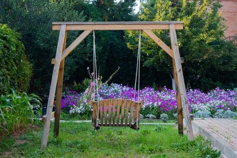 Back yard with tree swing, grass, and other greenery. Stock Photos