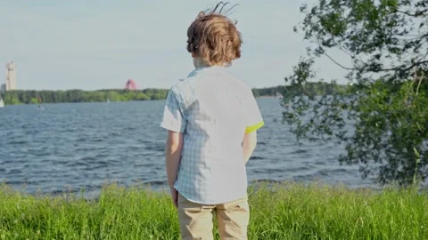 Back of young boy siting on grass facing to lake view, watching sunset in park Stock Footage 155131031