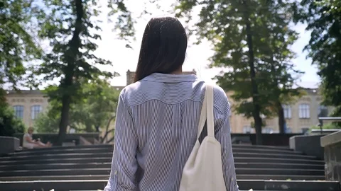 Back of young college student going to university, walking upstairs in park with Stock Footage