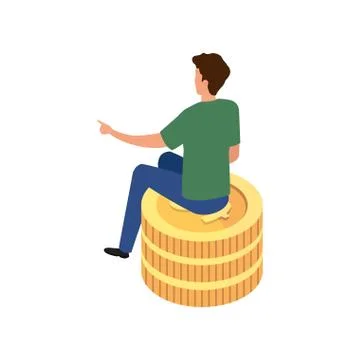 Back young man sitting in stack coins Stock Illustration