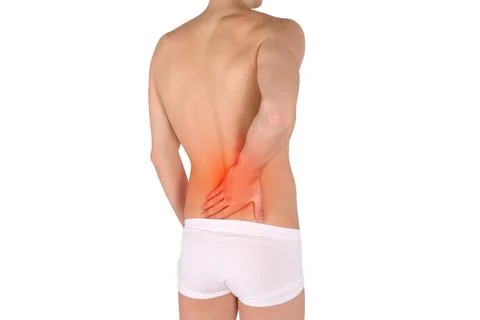 Backache. Back pain concept, man suffering from backache, red inflamed zone Stock Photos