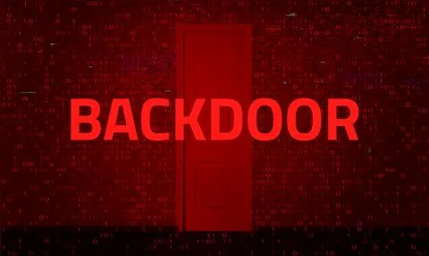 Backdoor cybersecurity threat concept with red alert warning on binary code 库存插图