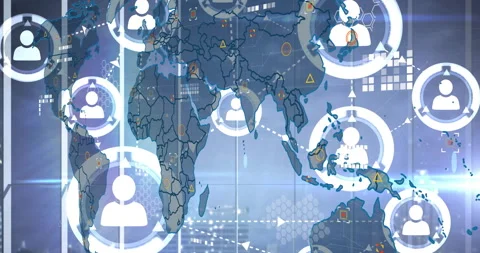 Backdrop appearing triggers user nodes pulsing and sending arrows to show data Stock Footage 310662682