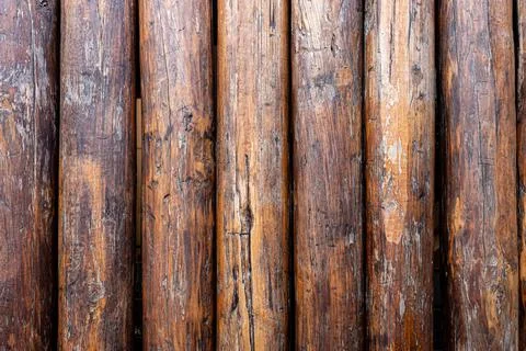 Backdrop of big brown tree logs sorting in vertical. Stock Photos