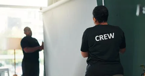 Backdrop, crew and set up with people in film studio for creative coordinat.. Stock Photos