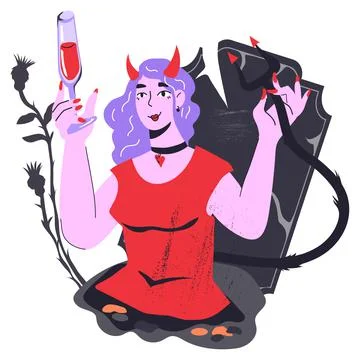 Backdrop with devil girl in grave celebrating Halloween, flat cartoon vector Stockillustratie