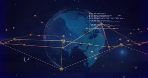 Backdrop fading triggers rotating globe connecting nodes with lines and code, Stock Footage 317123456