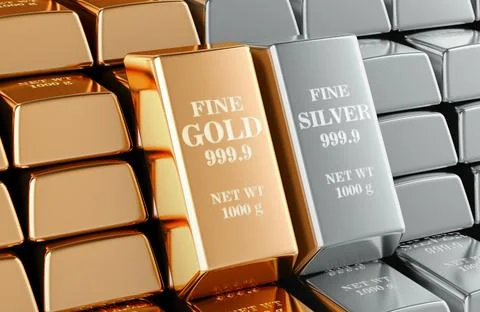 Backdrop from gold and silver ingots, 3D rendering Stock Illustration