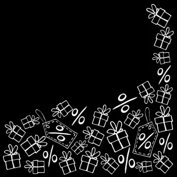 Backdrop with mountain made from hand drawn outline gifts, percents, price ta Stockillustratie