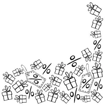 Backdrop with mountain made from hand drawn outline gifts, percents, price ta Stock-Illustration