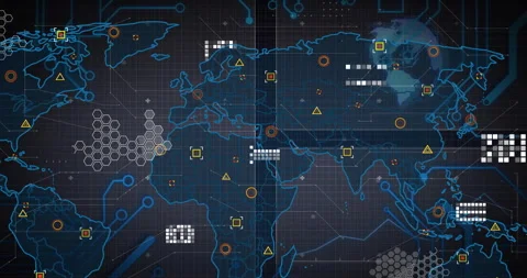 Backdrop opening causing neon map lines fading, code markers and hex-clusters Stock Footage 313328738