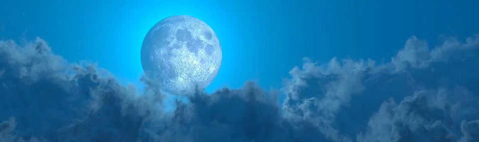 Backdrop - panorama of huge clouds and moon - cgi nature 3D rendering Stock Illustration