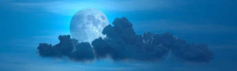 Backdrop - panoramic big clouds and moon , nature 3D illustration 스톡 일러스트