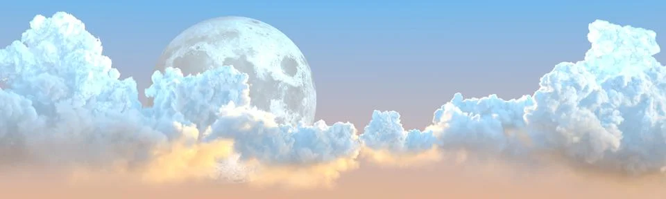 Backdrop - panoramic big cumulus clouds and moon - cg Stock Illustration