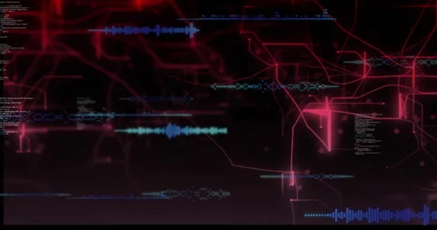 Backdrop shifting red lines expanding blue bars sliding code scrolling and nodes Stock Footage 315795753