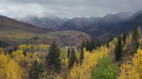Backdrop of storm clouds over snowy mountains and yellow Autumn aspen trees Stock Footage 68442265
