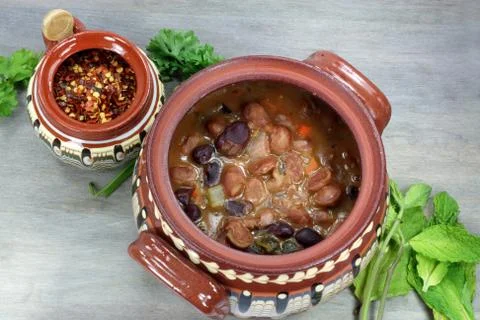 Backed beans with ingredients. Stock Photos