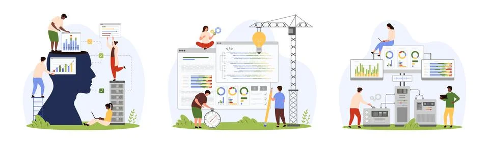 Backend development, coding, software engineering and programming by tiny people 스톡 일러스트
