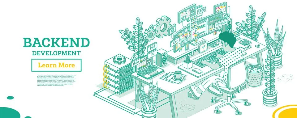 Backend Development on Computer. Working Programmer Sit on Chair with Wheels  Stock-Illustration