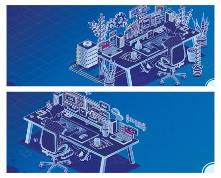 Backend Development on Computer. Working Programmer Sit on Chair with Wheel.. Stock Illustration