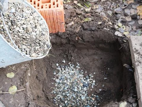 Backfilling with screenings of a pit dug for the foundation Stock Photos