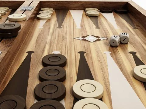 Backgammon board, dices and chips. 3D illustration Backgammon board, dices... Stock-Fotos