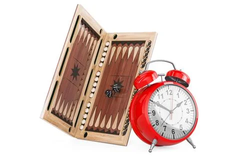 Backgammon, board game with alarm clock, 3D rendering Stock Illustration