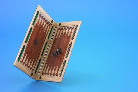 Backgammon, board game on blue background, 3D rendering Illustrazione stock