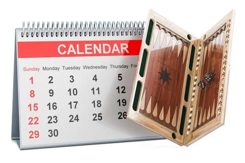 Backgammon, board game with desk calendar, 3D rendering Illustrazione stock