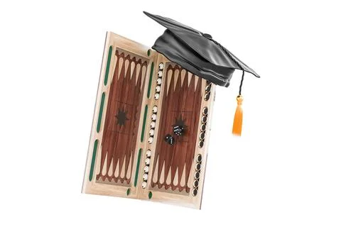 Backgammon, board game with education hat. 3D rendering Illustrazione stock