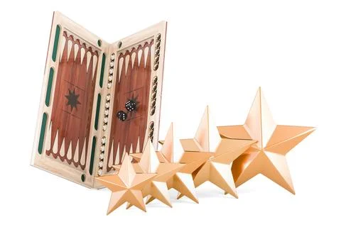Backgammon, board game with five golden stars. Customer rating, 3D rendering Stock Illustration
