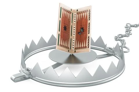 Backgammon, board game inside bear trap. 3D rendering Stock Illustration