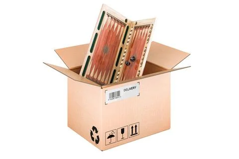 Backgammon, board game inside cardboard box, delivery concept. 3D renderin... Stock-Fotos