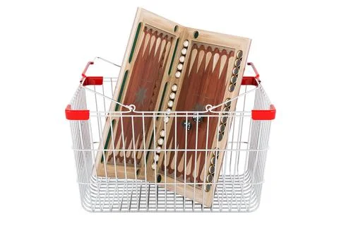 Backgammon, board game inside shopping basket, 3D rendering Stock Illustration