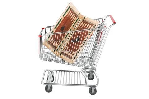 Backgammon, board game inside shopping cart, 3D rendering Illustrazione stock