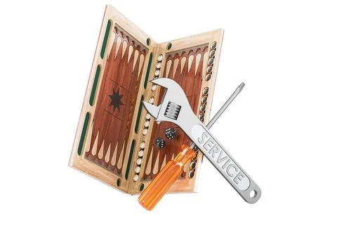 Backgammon, board game with screwdriver and wrench, 3D rendering Stock Illustration