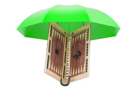 Backgammon, board game under umbrella. 3D rendering Stock Illustration