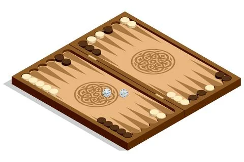 Backgammon board. Isometric backgammon board with chip and dice. Traditional Illustrazione stock