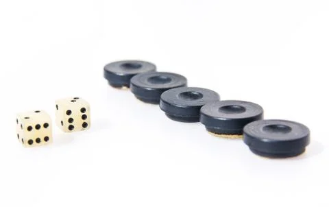 Backgammon dice and pieces isolated on white Foto stock