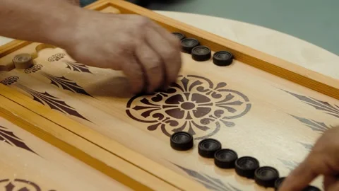 Backgammon game with dice and checkers on wooden board Stock-Footage 318076039