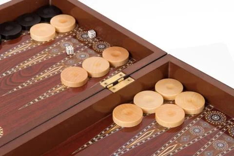 Backgammon set during game Stock Photos