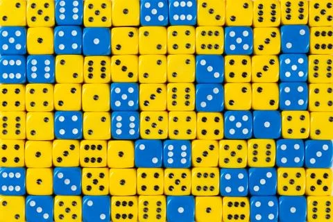 Background of 140 random ordered blue and yellow dices Stock Photos